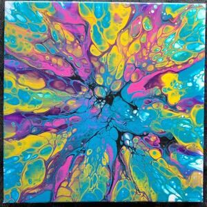Handmade Acrylic Fluid Art Painting Teal Yellow Magenta Stretched Canvas 10"×10"